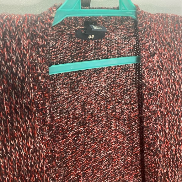 H&M DUSTER CARDIGAN SWEATER RED BLACK WHITE POCKET - Picture 2 of 4